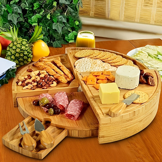 Serving Knives Included with Multipurpose Cheese Board Set, Ideal for Snacks and Charcuterie, Safe and Long-lasting, Equipped with Storage Drawers for Fruits, Nuts, and Appetizers