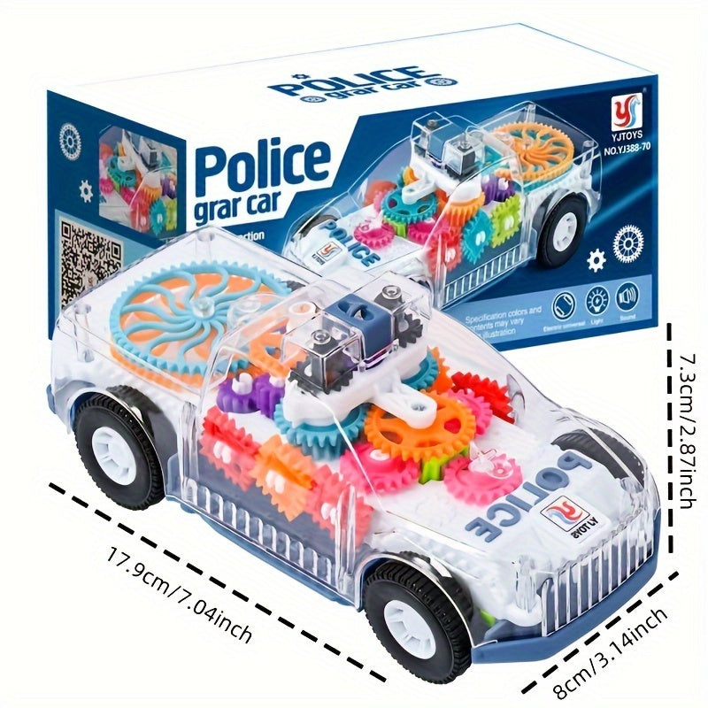 Electric car toy with lights and music, featuring transparent gear and police car design.