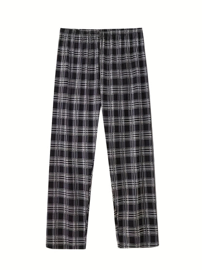 Men's casual sleepwear set with a long sleeve crew neck top and loose fit plaid pants. Made of 95% polyester and 5% spandex, features all-season knit fabric and heat transfer printed