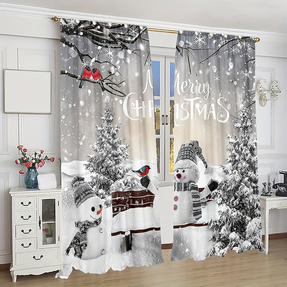 Set the festive mood with this set of two Christmas curtains featuring a snowman and pine tree design. Made of semi-sheer polyester, these curtains are easily machine washable and have a convenient rod pocket for easy hanging. Perfect for adding a touch