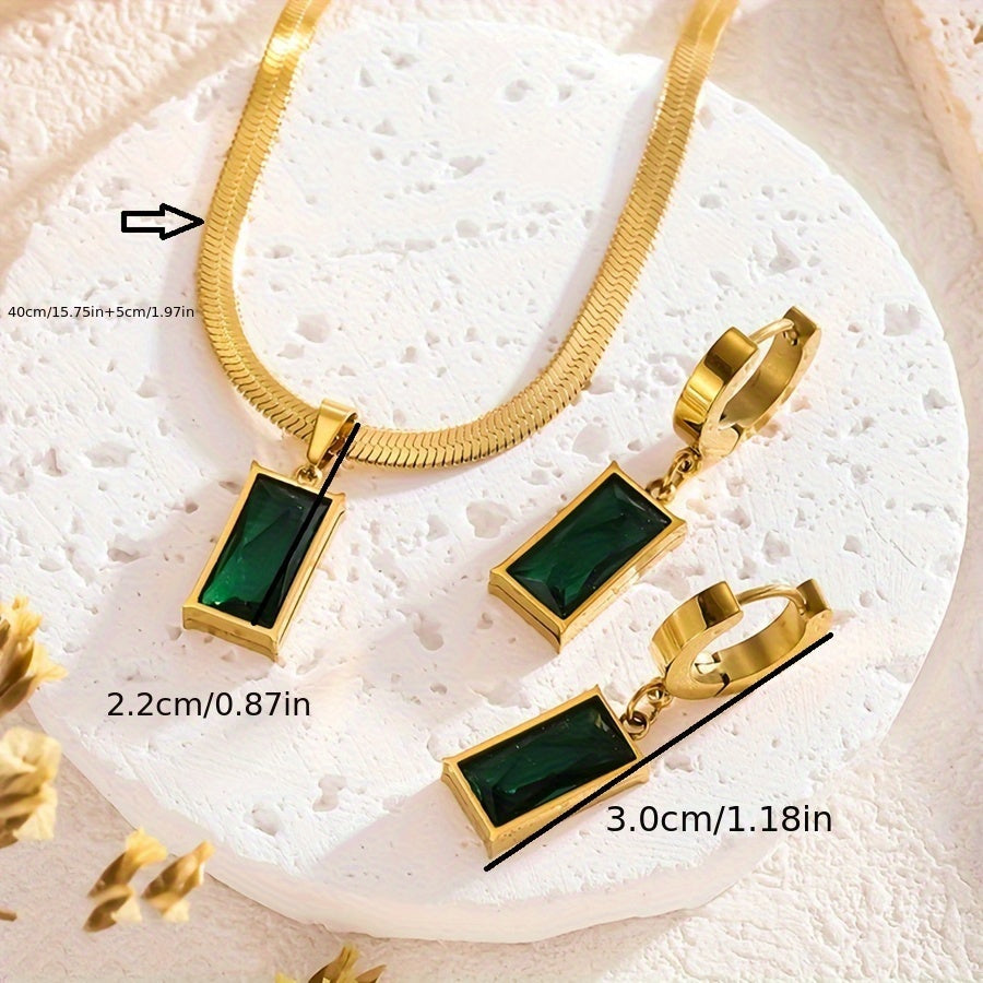 Chic Bohemian 3-Piece Jewelry Set: Gold Plated Stainless Steel with Green Synthetic Zirconia Pendant and Earrings - Stylish Option for Everyday Wear or Vacation, Safe for Sensitive Skin