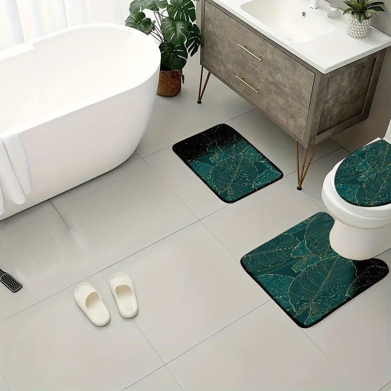 Set of 4 velvet sponge bath mats featuring non-slip designs in leaves, flowers, sea waves, and wooden board patterns. Includes an extended thickened toilet rug, durable non-slip bathroom rug, comfortable U-shaped toilet mat, and toilet cover mat for