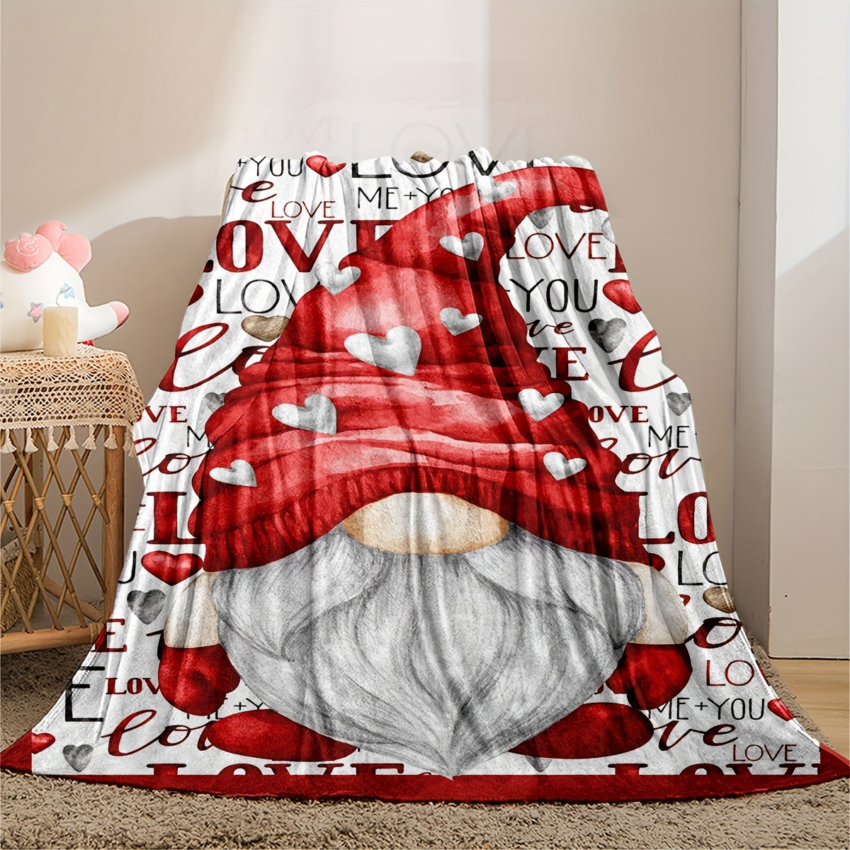 Gnome-themed blanket with "Love" English letters, perfect for decorating your couch, sofa, or bedding room. This super soft fleece flannel throw is a great Valentine's or Christmas gift idea.