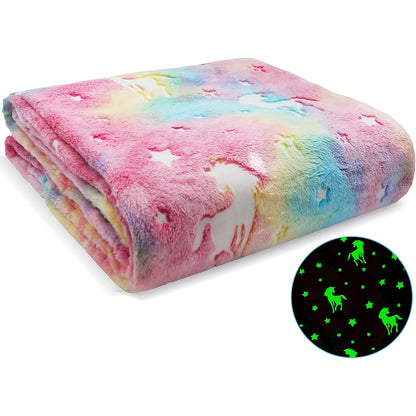 Bohemian Style Unicorn Glow in the Dark Throw Blanket for Kids - Soft Flannel Fleece, Great for Sofa, Bed, Car, and Office - Perfect Birthday Gift with Versatile Use - Machine Washable Polyester Blanket, Luminescent Anime Design, 250-300g