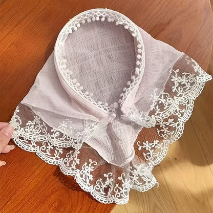 Chic lace knit triangle scarf doubles as sun protection headband for women, perfect for summer style.