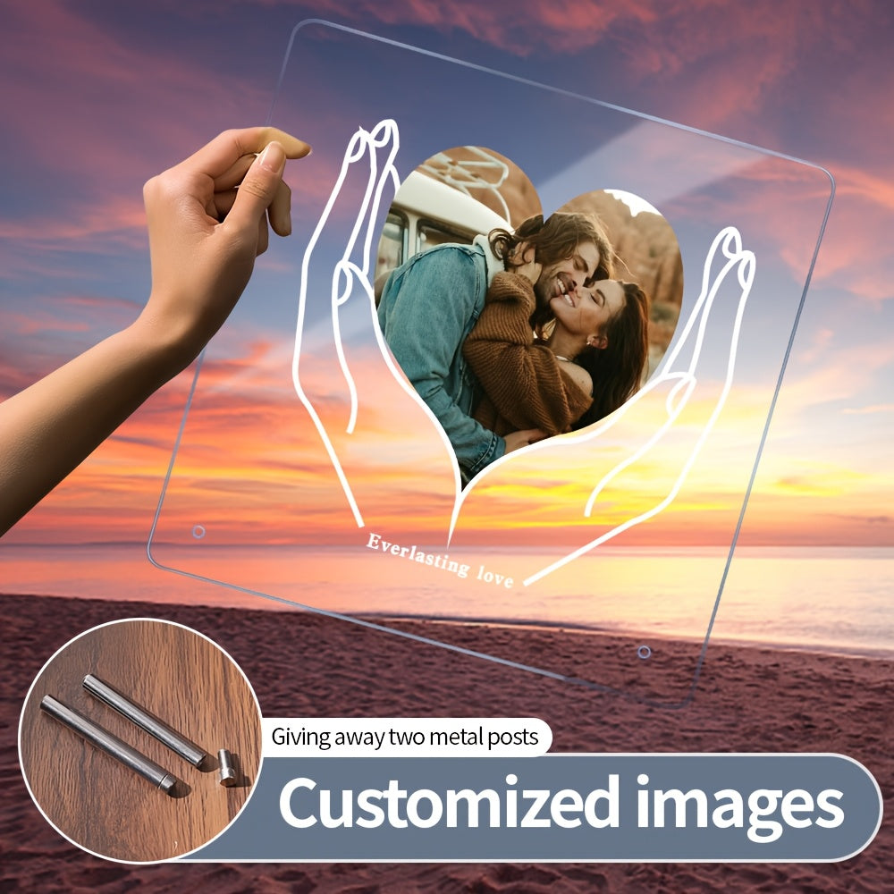 Customizable LED Light Acrylic Photo Frame featuring a Transparent Love Heart Design, perfect for any occasion like Christmas, Mother's Day, Father's Day, Pet Memorial, Anniversary, or Valentine's Day. A unique and thoughtful keepsake to display your