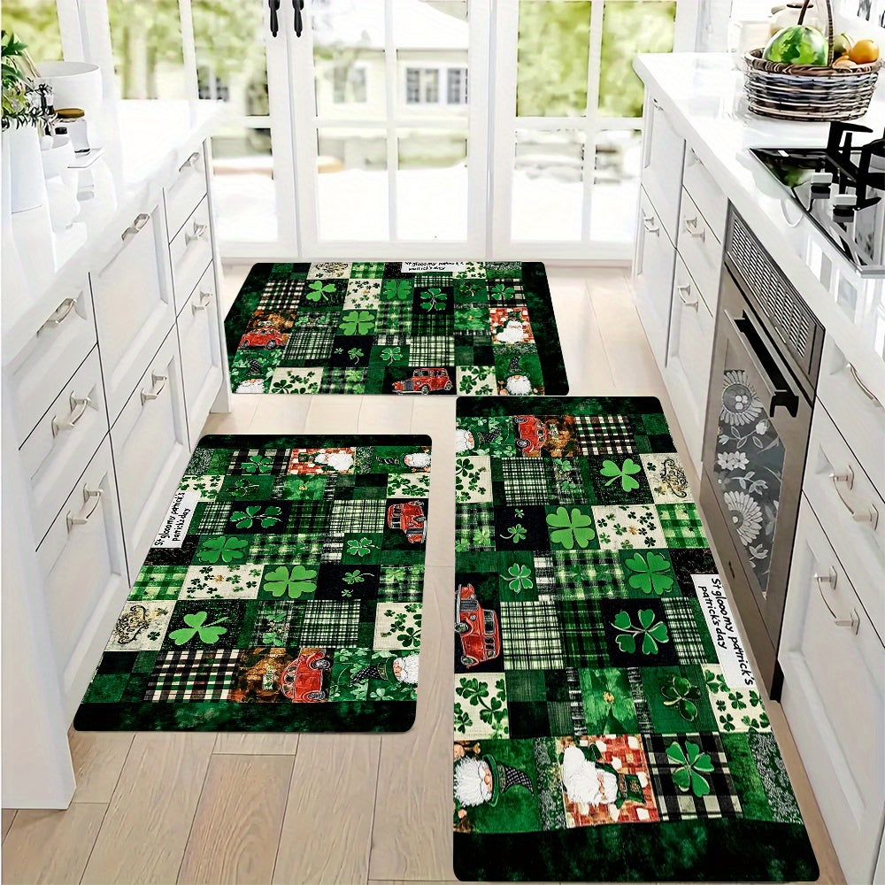 St Patrick's Day Kitchen Mat - Festive 1pc Mat with Clover & Gnome Design - Super Absorbent, Non-Slip Polyester - Soft Mat for Bathroom, Laundry Room, Bedroom - Easy to Clean in Machine Wash