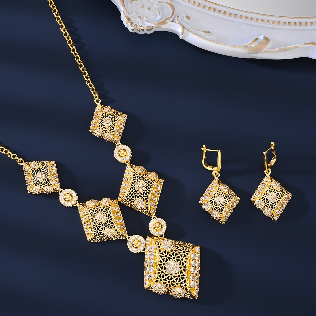 Indulge in Opulence with the MEIZ Luxury Bohemian Jewelry Set - 18K Golden Plated Copper adorned with Natural Zirconia Stones. Perfect for Daily Wear or Special Gifts for Women, this versatile Earrings, Necklace, and Ring Set is inspired by a Holiday