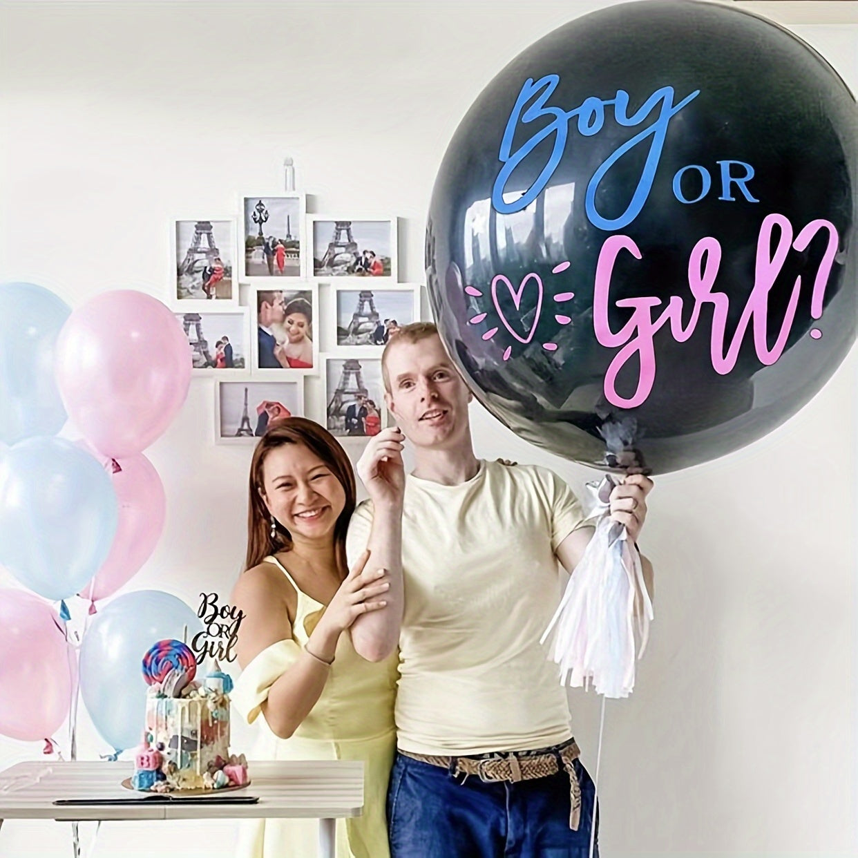 1pc 36-Inch "Boy or Girl" Black Gender Reveal Balloon with Colorful Confetti - Durable Rubber, Ideal for Kids' Parties & Birthdays