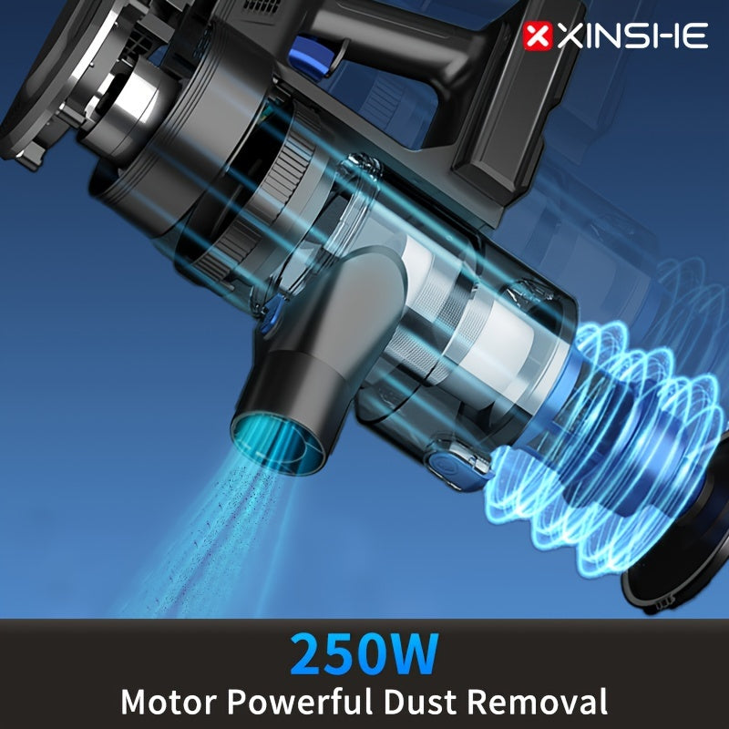 The XINSHE Handheld Vacuum Cleaner offers powerful 40,000Pa suction, with an LED display and long-lasting 40-minute battery. Perfect for tile, blanket, and hardwood floors, it is cordless with a rechargeable lithium battery and meets European standards.