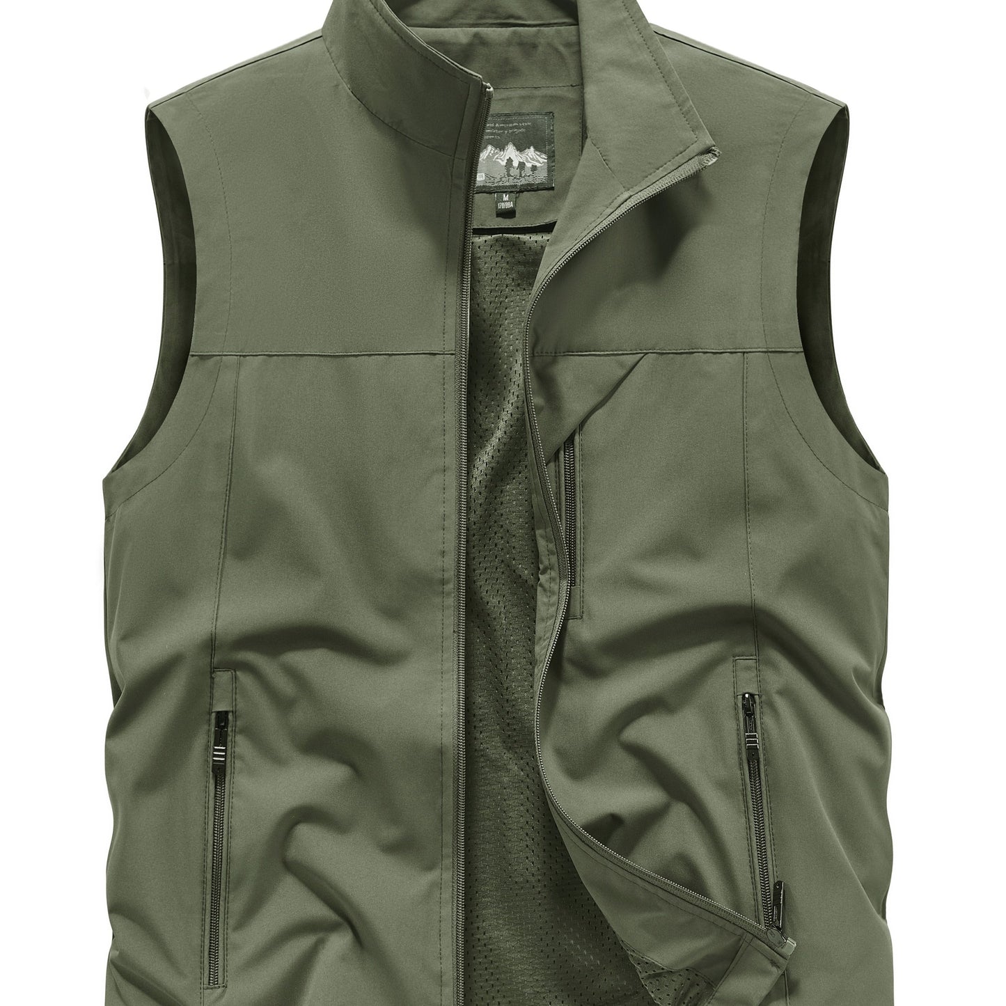 Men's Sleeveless Jacket with Zipper Pockets, Stand Neck Vest for Outdoor Activities.