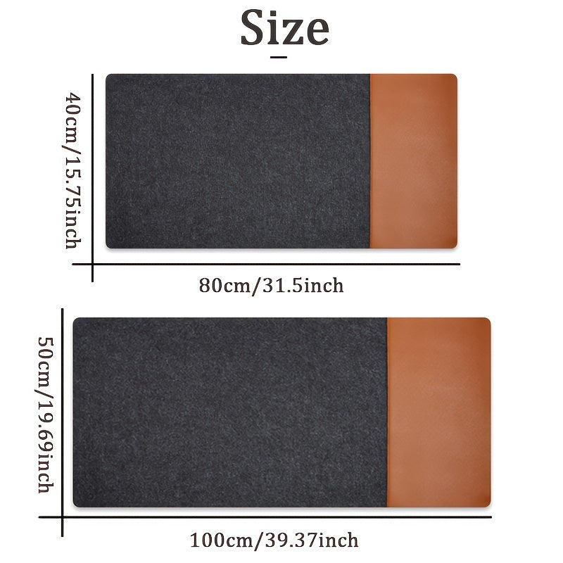 Large gaming mouse pad made of XXL felt and PU leather, featuring waterproof non-slip design and edge stitching, with oblong shape and polyester material.