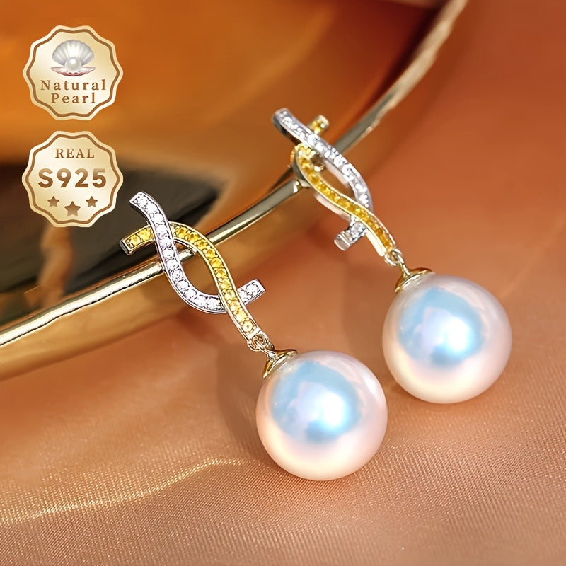 MUFAN Elegant Luxury Dangle Earrings, Featuring 1 Pair of S925 Silver Earrings with 12-13mm Natural Freshwater Pearls, Includes Gift Box, Perfect for Both Daily Wear and Special Occasions