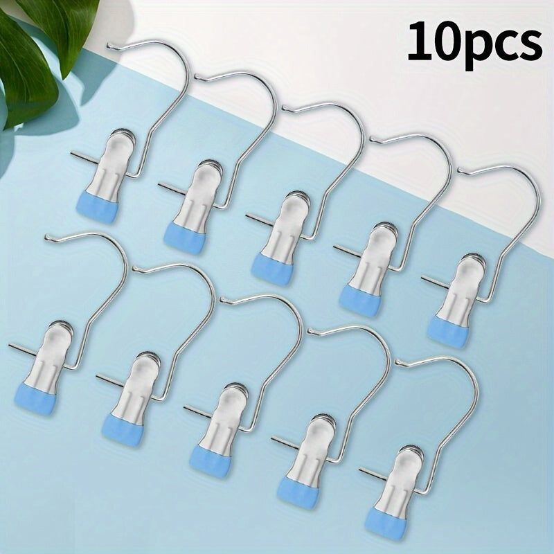 Set of 10 Stainless Steel Clothes Hangers featuring Hooks, Laundry Clothes Pegs, Portable Hanging Clothes Clips, Closet Organizer Hangers, Essential Household Laundry Accessories.