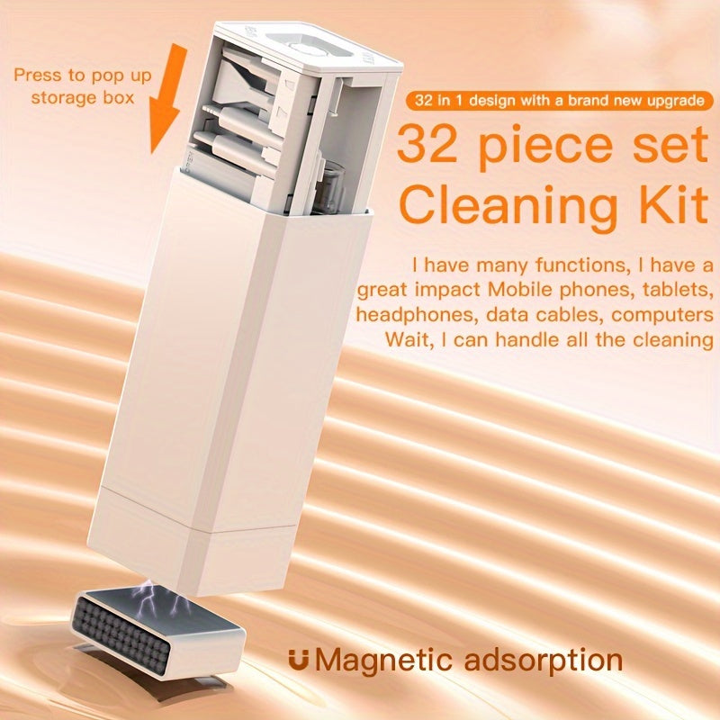 32-in-1 cleaning kit with brushes for keyboards, earphones, iPads, phones, and cameras.