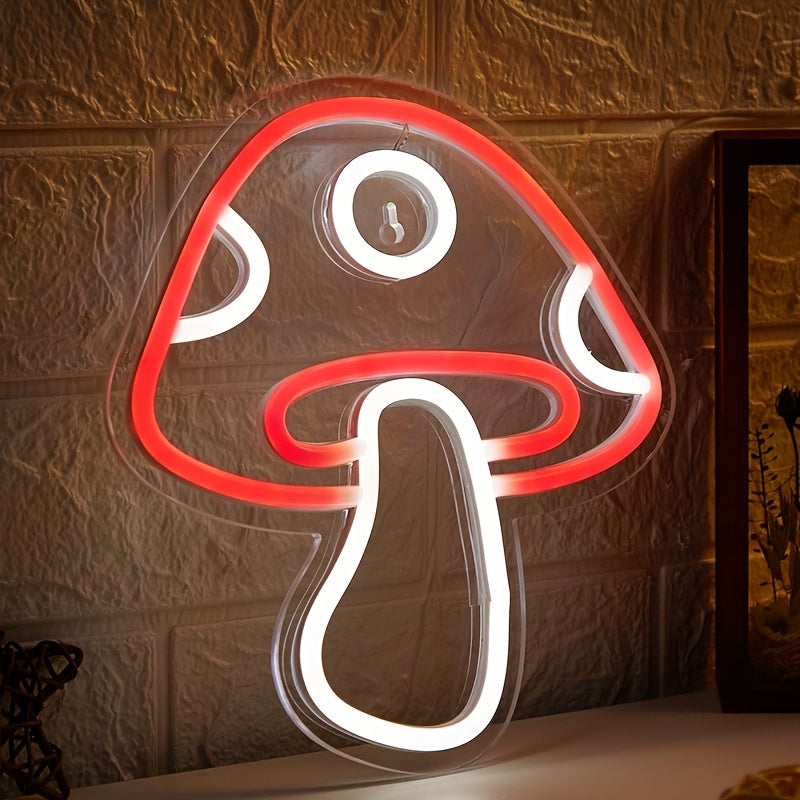 USB-powered LED neon mushroom sign for game room or bedroom decor.