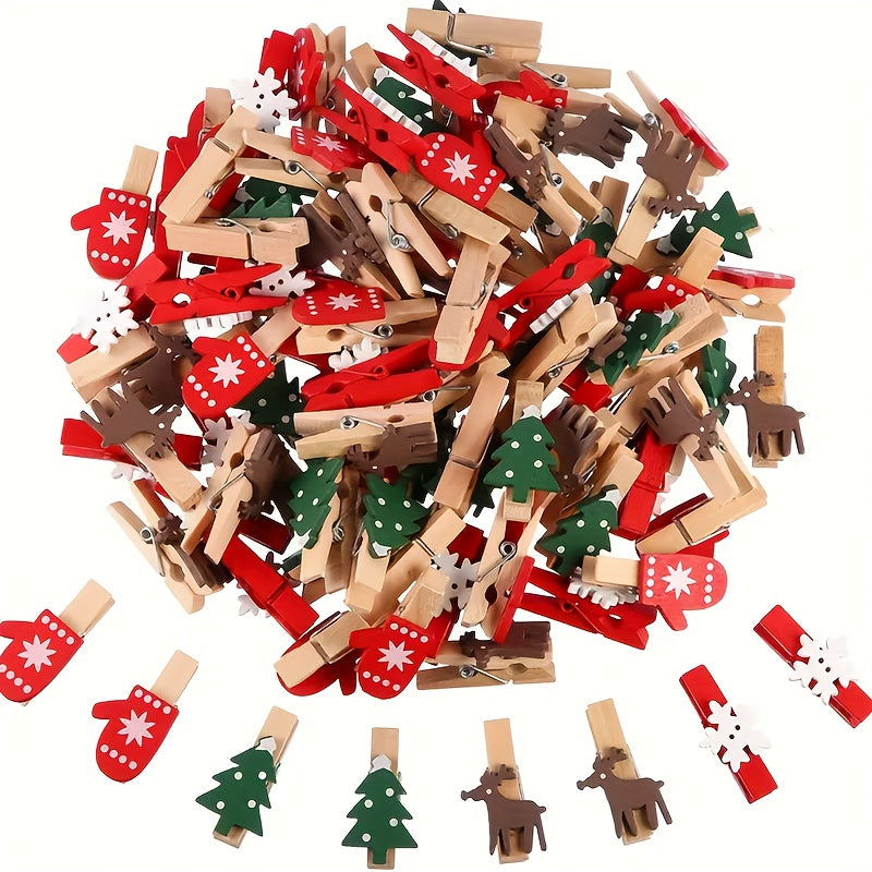 20-pack wooden Christmas clothespins for hanging photos and embellishing weddings. Decorative clip set with holiday shapes for parties, birthdays, and home decor. Features Christmas trees, gloves, reindeers, and snowflakes. Hanging attachments included