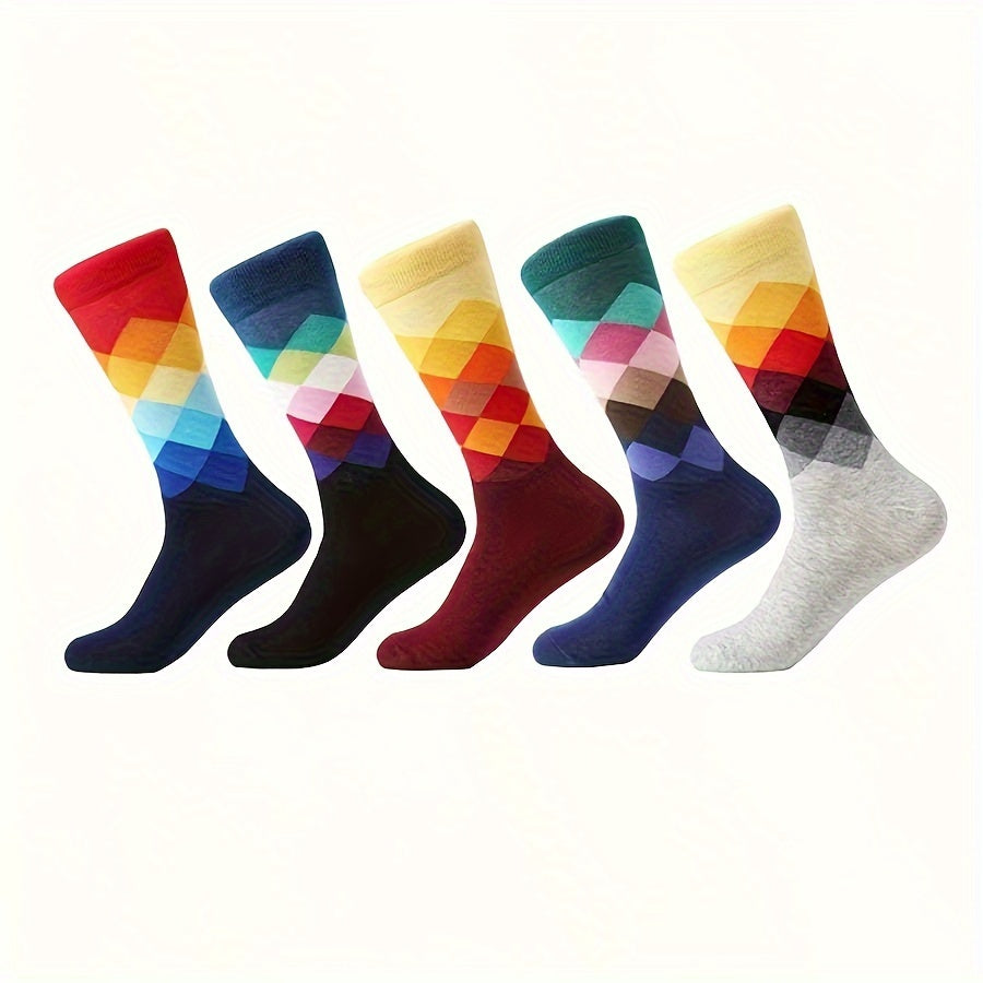 5-Pack Men's Argyle Cotton Socks, Colorful Diamond Pattern, Fashion Contrast Mid-Calf Socks, Hand Wash or Dry Clean