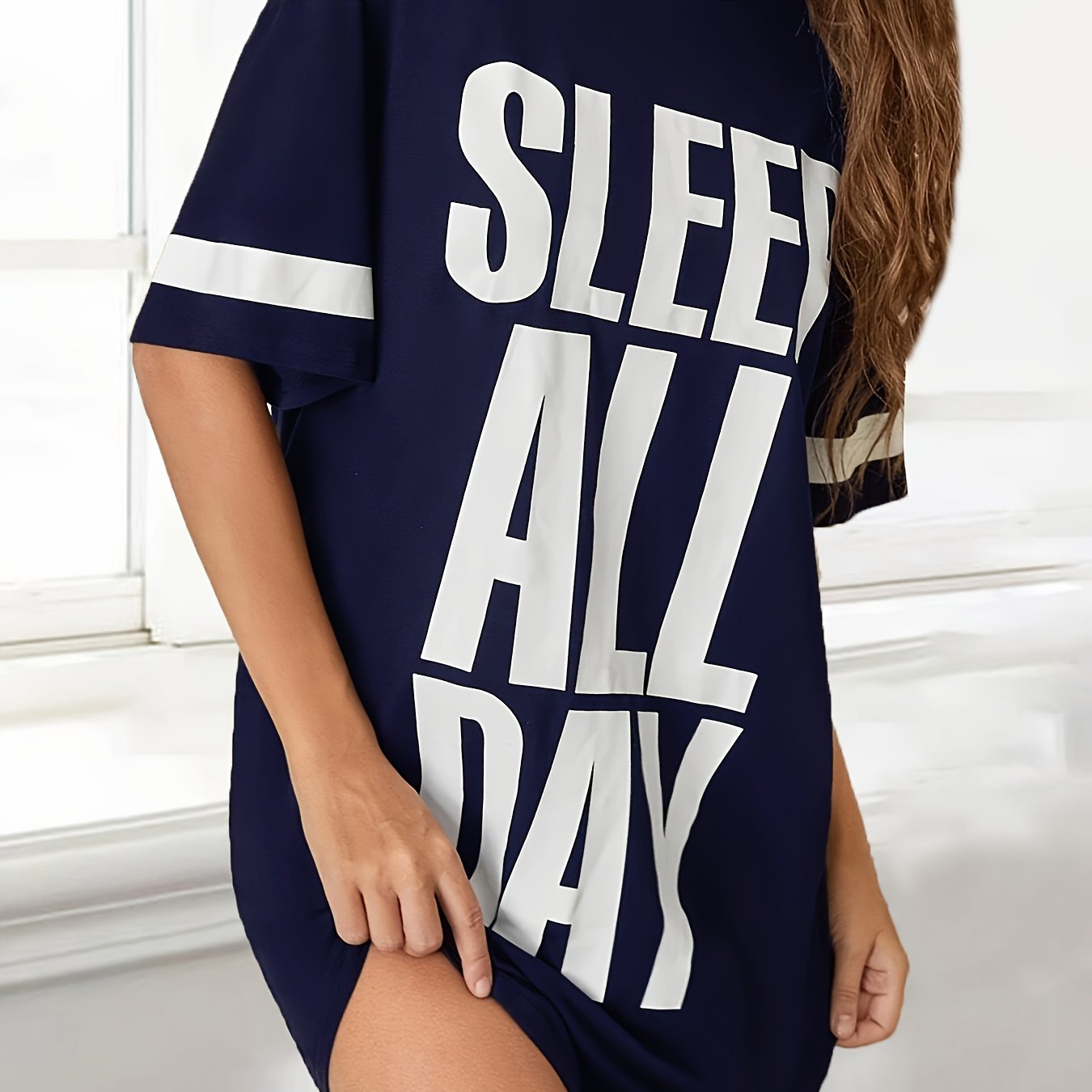 Women's "SLEEP ALL DAY" Black Nightgown - Casual, Breathable Polyester, Round Neck, Short Sleeve, Striped Detail, Machine Washable.