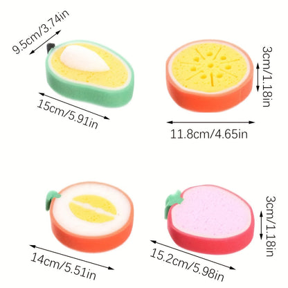 Thickened sponge scouring pad set with 4 fruit-inspired designs for multi-functional decontamination cleaning and dishwashing tasks.