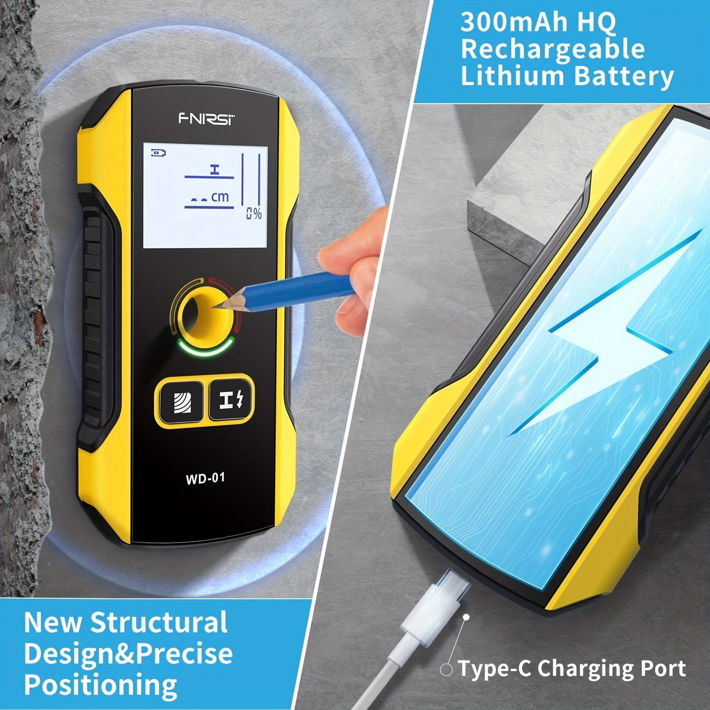 FNIRSI WD-01 Wall Detector Scanner with LED Digital Display and USB Charging. 0.1 Measurement Accuracy for Construction. Detects AC Live Cable Wires and Metal/Wood Studs. Made of Black ABS