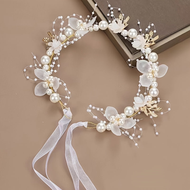 Elegant bridal headband featuring golden leaves, floral wreath, and faux pearls - ideal for weddings & special occasions