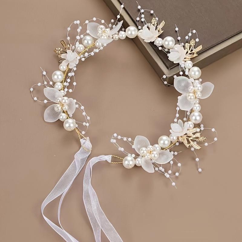 Elegant bridal headband featuring golden leaves, floral wreath, and faux pearls - ideal for weddings & special occasions