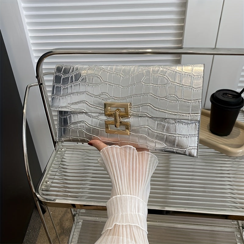 Stone textured clutch made of small synthetic leather, magnetic buckle closure, various colors.