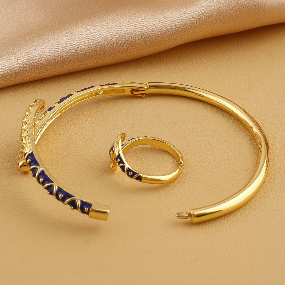 Boho Tribal Style Open Cuff Bracelet and Adjustable Ring Set for Women, Featuring 18K Gold Plated Copper, Fashion Enamel Stripe Clasp Bangle, Suitable for Daily and Banquet Wear, Versatile All Season Jewelry Set - No Mosaic Material Included