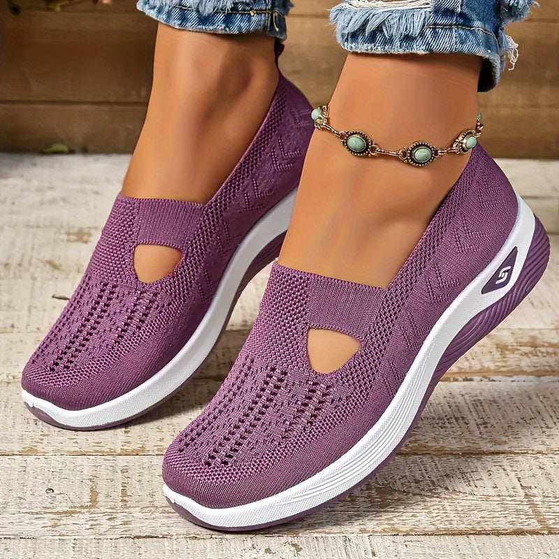 Women's breathable knit slip on sneakers, lightweight and solid colored.