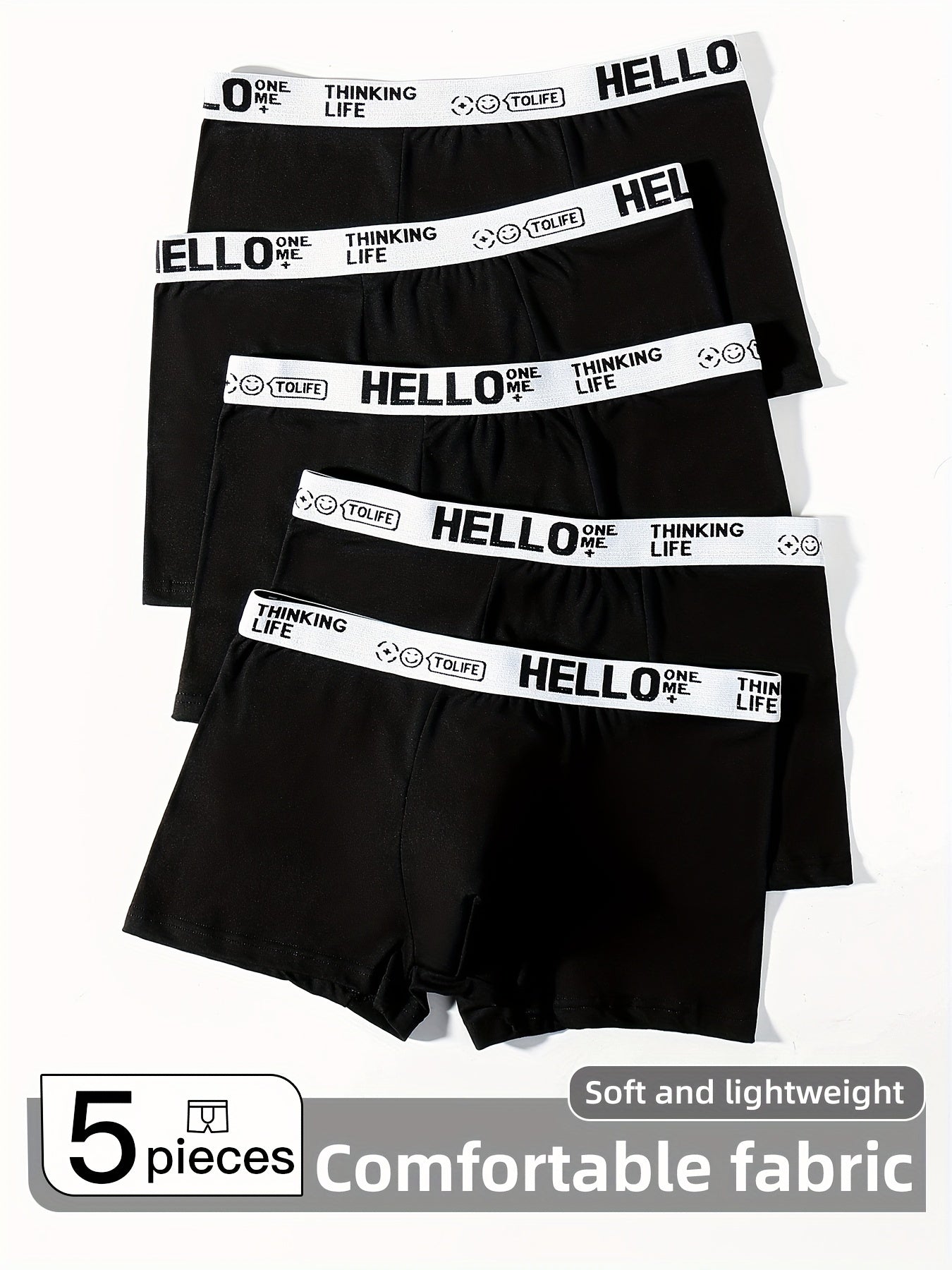 5 men's black boxer briefs made of soft, breathable, stretchy polyester blend for comfort fit.