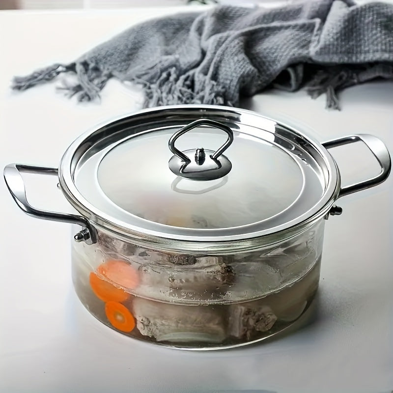 One piece of large-capacity high-boron-silicon glass soup pot with double ears and lid, featuring a stainless steel handle. Suitable for use on household electric ceramic stoves for heating and cooking various dishes such as noodles and stews.