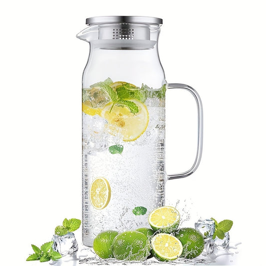 Large glass pitcher with lid and spout, perfect for hot/cold beverages like coffee, juice, and homemade drinks. Great holiday gift for friends, kitchen accessory.