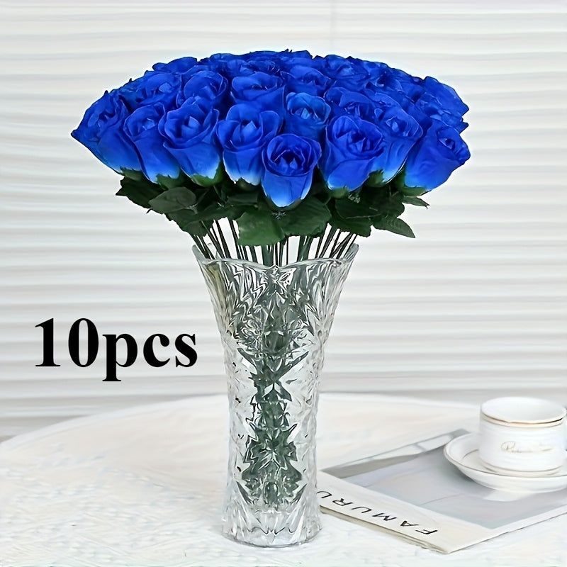 Artificial blue rose bouquet of 10pcs, lifelike touch, versatile plastic flowers for home decor and special celebrations, vase not included.