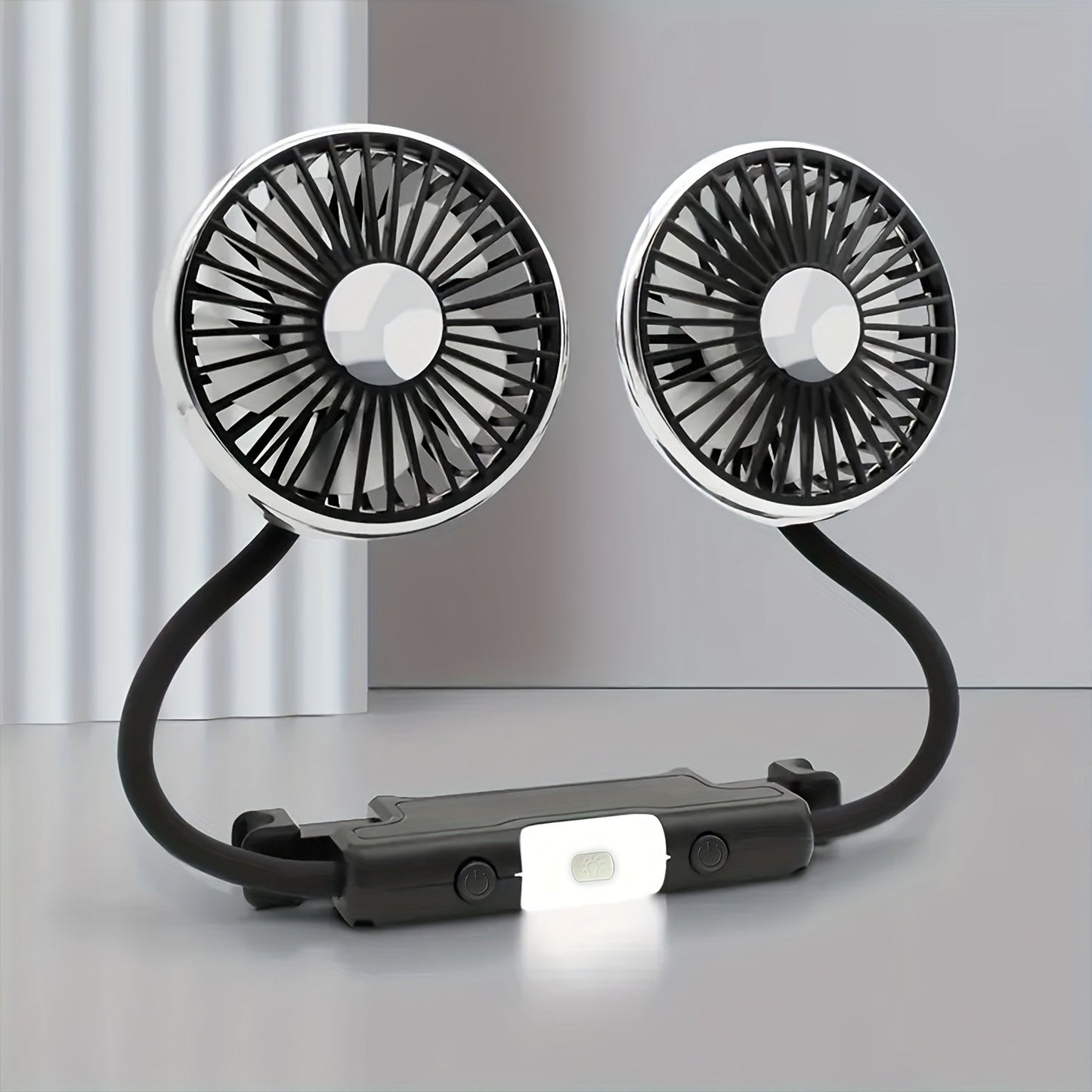 Adjustable Dual-Head Car Fan with Dual Motor Controls, Strong Airflow, Simple Installation & Compact Storage - USB Powered and Battery-Free Operation