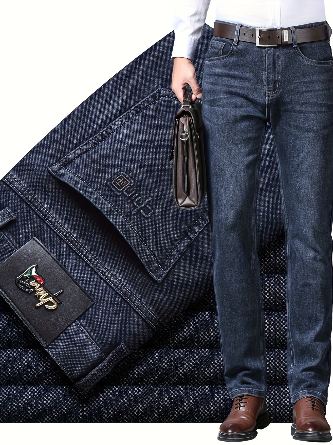 Men's semi-formal stretch denim pants with classic straight leg design and pockets, ideal for fall and winter.