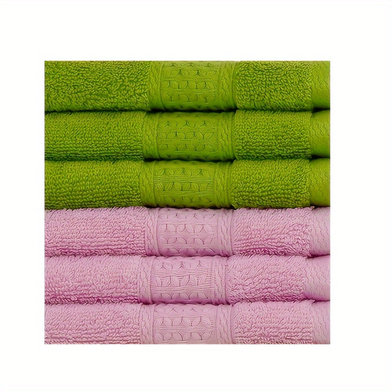 6-Pack of 100% Cotton Face Towels with assorted patterns, perfect for body and face, great for hotel, travel, and everyday use. Each towel is woven and has a GSM of 360, measuring 33.02x33.02cm.