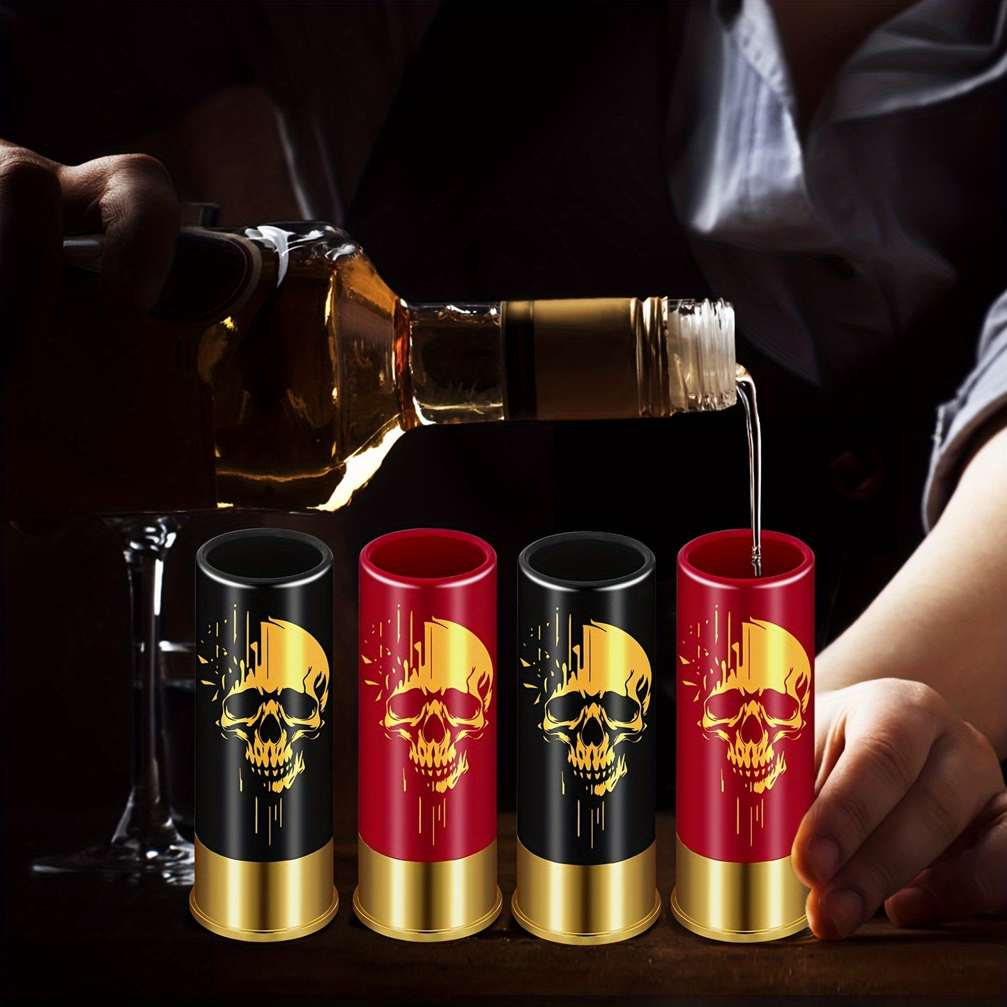 Set of 4 reusable plastic shot glasses with deer and skull designs and 12GA bullet shaped cups. Made of recyclable material, ideal for parties and gifting.