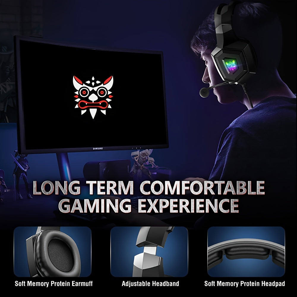 ONIKUMA K8 Wired Gaming Headphones with Noise-Canceling Mic, LED Lights, 360° Rotating Ear Cups, USB-Powered for Crystal Clear Sound and Immersive Gaming.