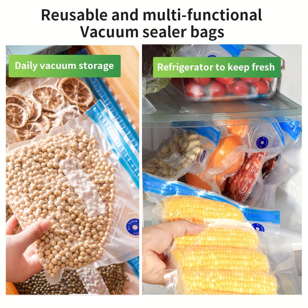 Included in this package are a mini electric vacuum sealer, 15 food vacuum storage bags, a handheld mini electric vacuum machine, and 3 different sizes of food sealing bags (5 pieces each: 21.59 x 20.32cm, 27.94 x 25.4cm, 33.02 x 27.94cm). Also included