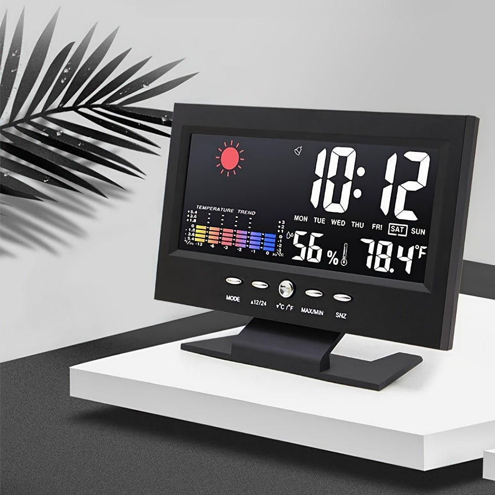 Voice controlled digital weather clock with backlight, temperature, humidity, and weather forecast. Includes USB cable, battery not included.