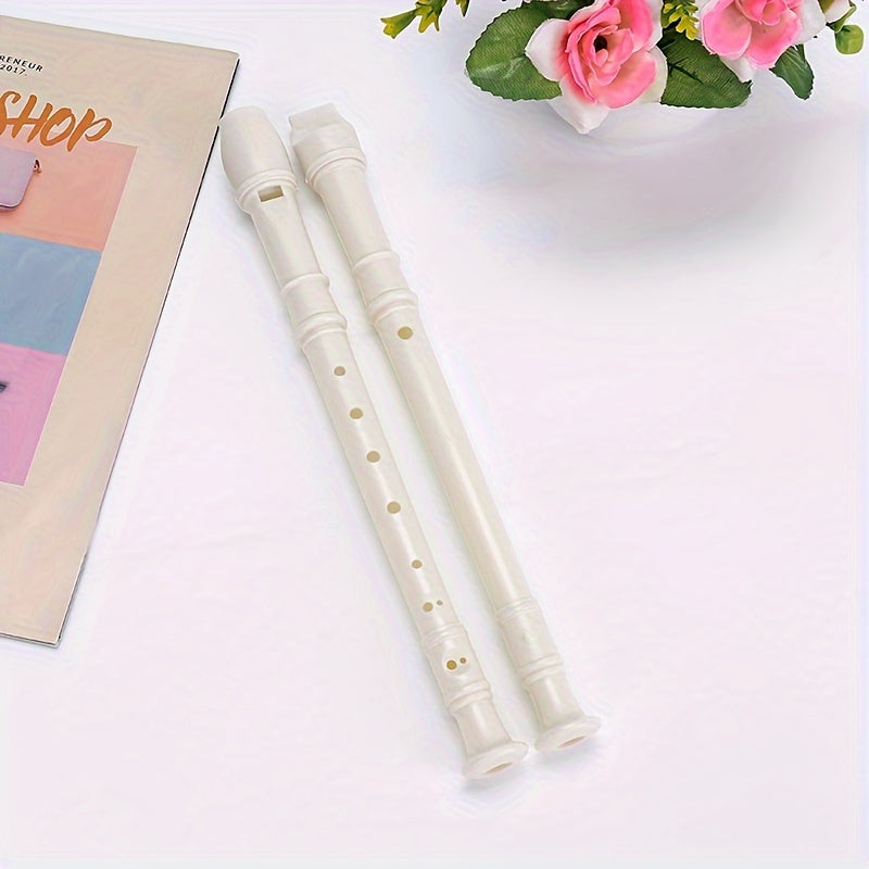 Beginner German high-pitched professional grade white plastic 8-hole flute for student practice, includes cleaning stick.