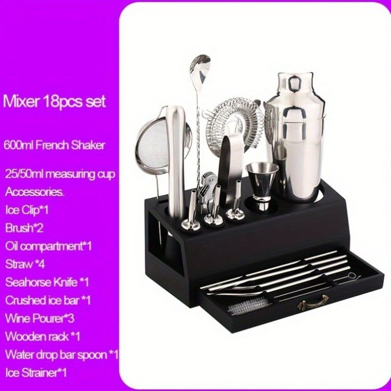 Essential Barware Tools Set - 18-Piece Stainless Steel Cocktail Shaker Set with Jigger, Pourer, Corkscrew, Muddler, Brush, Teardrop Bar Spoon, Garnish Tray, Straws - Complete Bartender Kit for Home, Bar, and Party Drink Mixing