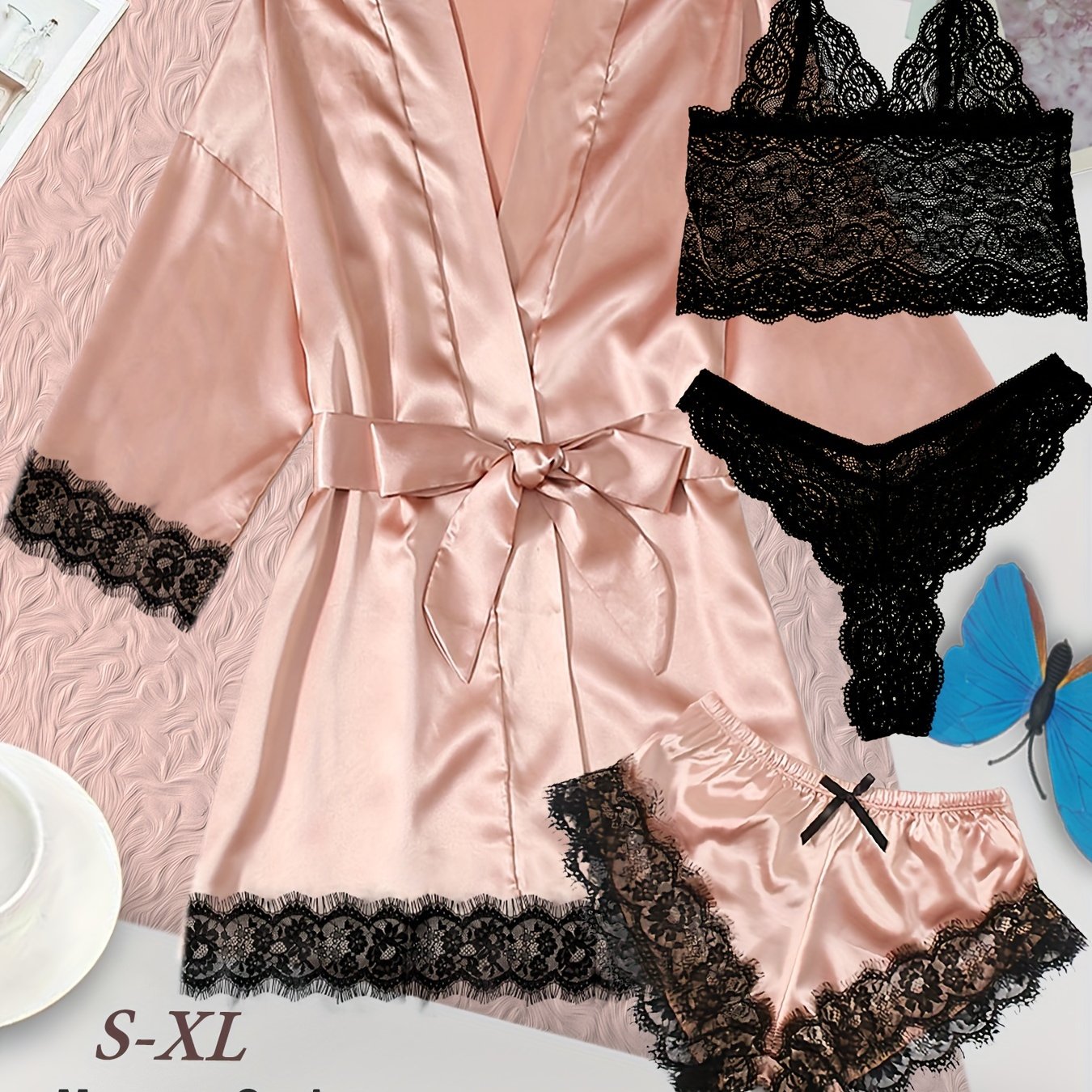 Women's loungewear set with lace detailing, robe, V neck cami, panties, and shorts.