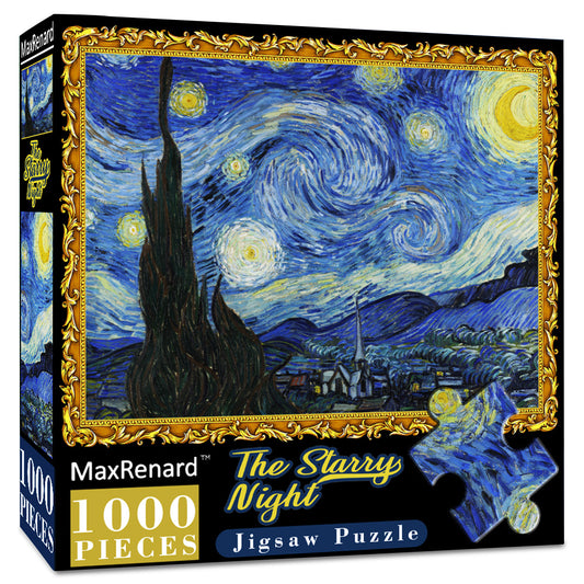 Maxrenard "The Starry Night" 1000pc Jigsaw Puzzle for Adults - Van Gogh Masterpiece, Waterproof, Intermediate Skill Level, High-Quality Recycled Cardboard, Vibrant Colors, 67.95cm x 48.9cm