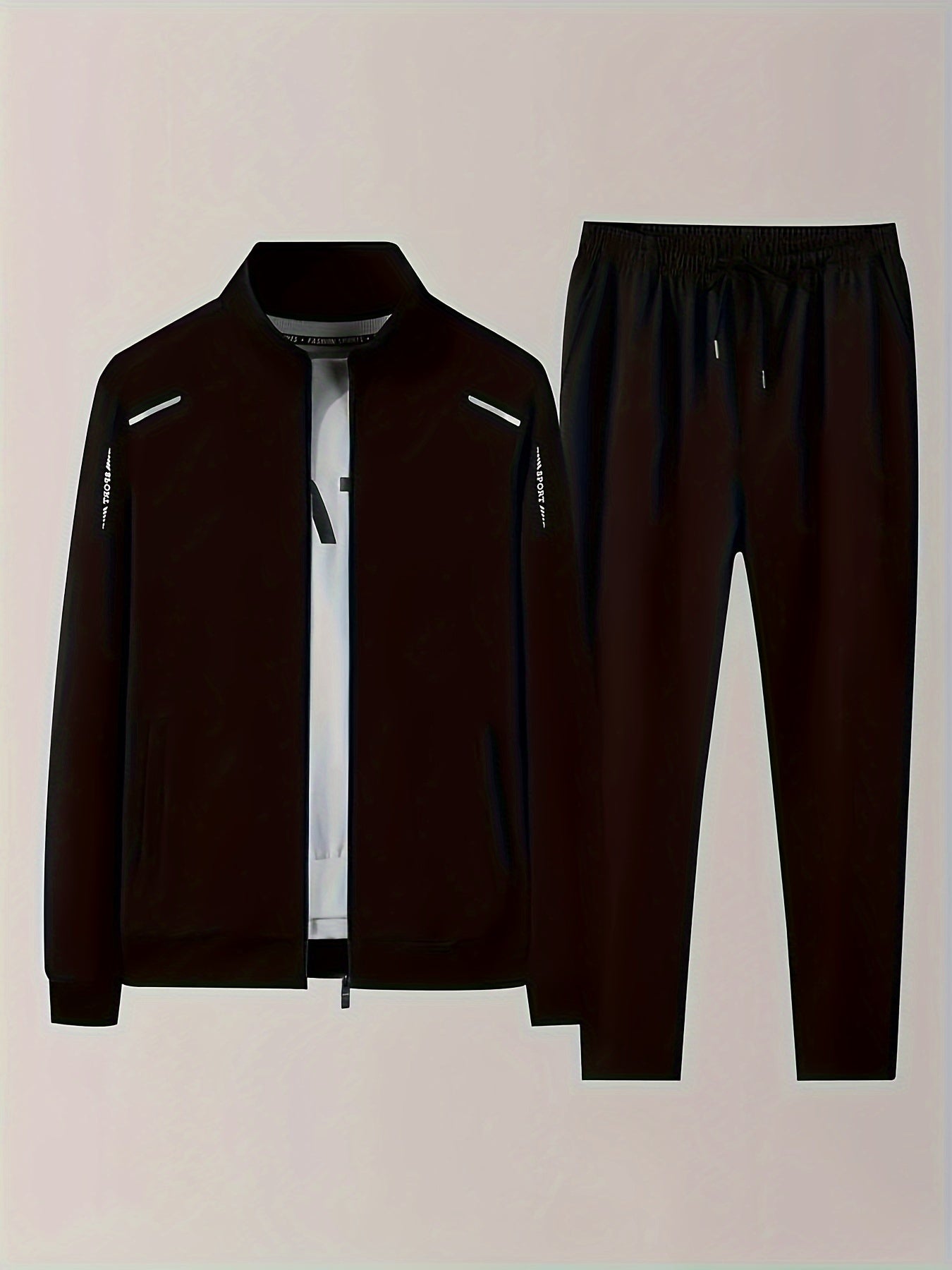 Men's Casual 2-piece Outfit for Fall/Winter: Solid Color Zip Jacket & Drawstring Pants