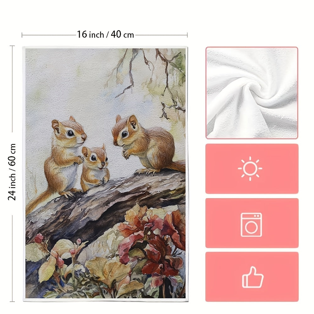 Two pieces of Coastal Style Chipmunk kitchen towels made from super absorbent polyester knit fabric. These towels are machine washable and have a contemporary oblong shape, perfect for holiday decor. Each towel measures 40.64x60.96 cm.