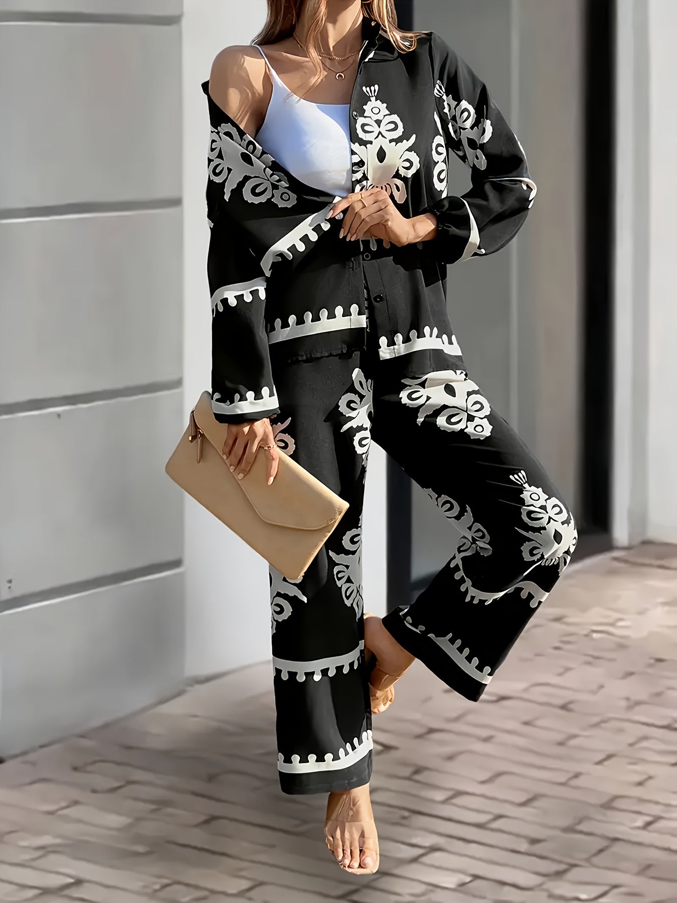 Women's Tribal Print Two-Piece Set, Long Sleeve Top and Pants, 100% Polyester, Lapel Collar, Spring/Summer 2071