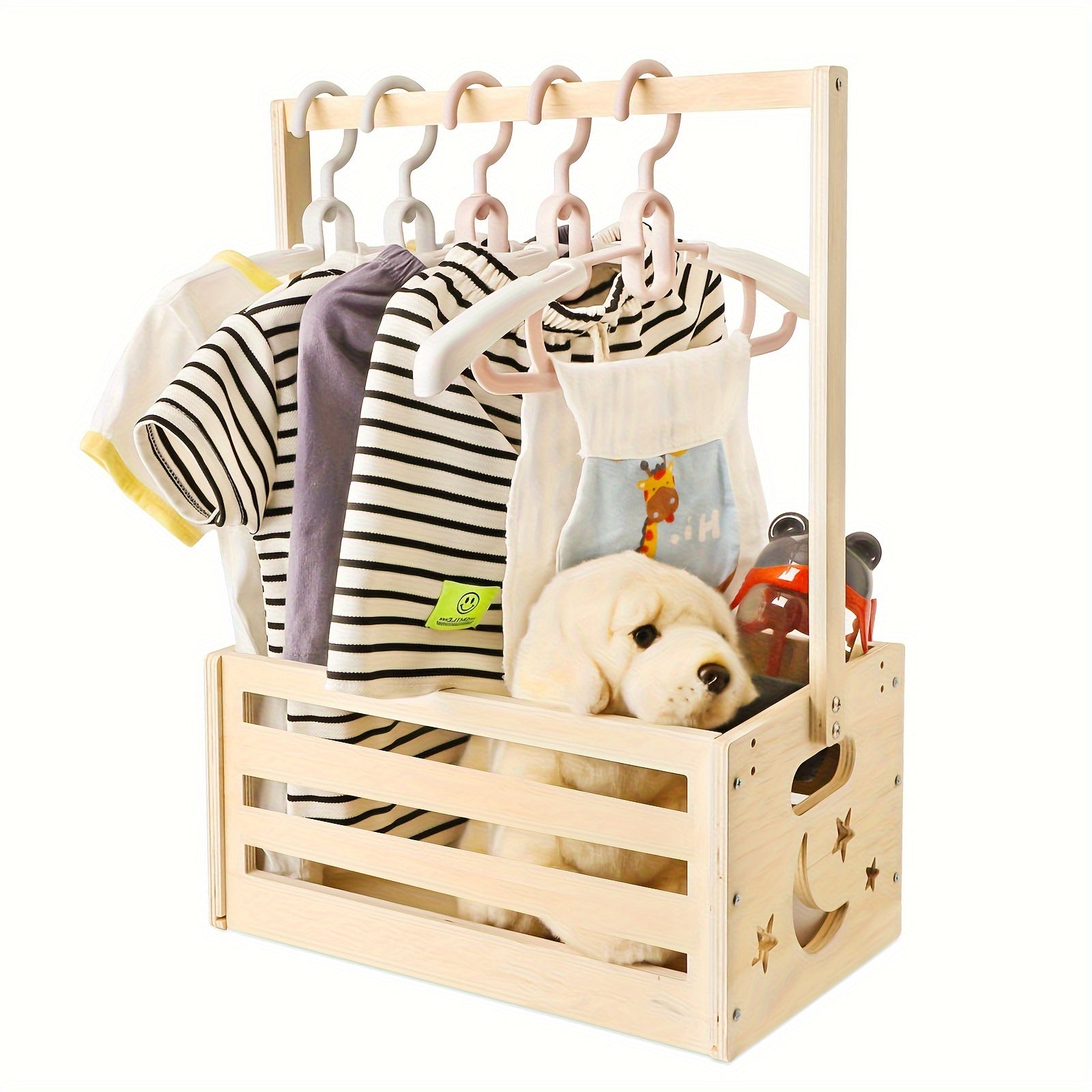 Classic wooden closet organizer with striped pattern and accessory set for nursery room. Unfinished manufactured wood storage crate in rectangle shape, perfect for a unisex gift basket with handle.