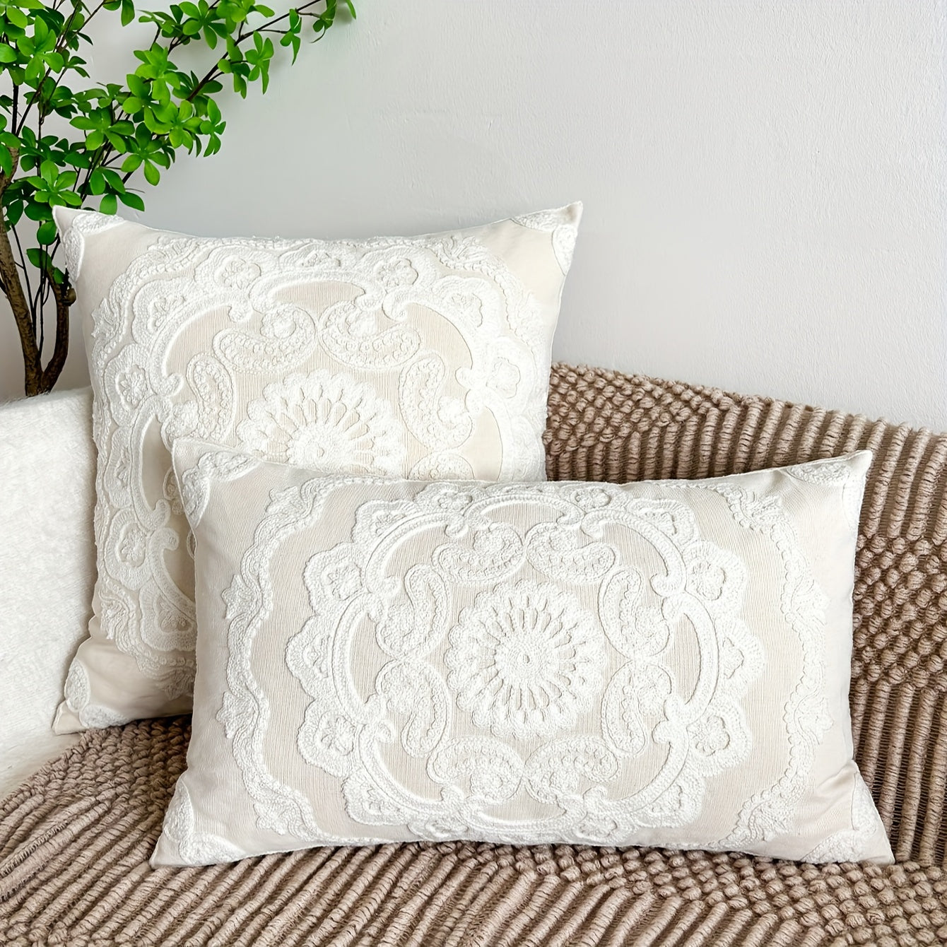 Elegant floral embroidered round throw pillow cover in traditional style. Machine washable with zip closure. Perfect for room decor. Pillow insert not included.